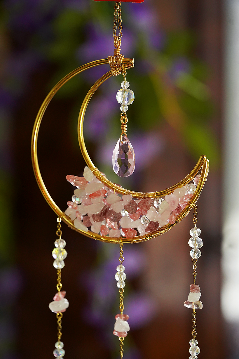 Crystal Crescent Suncatcher - Rose & Strawberry Quartz