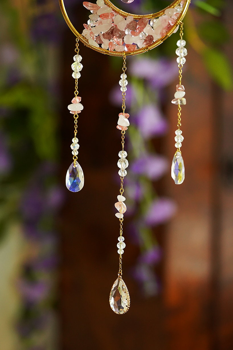 Crystal Crescent Suncatcher - Rose & Strawberry Quartz