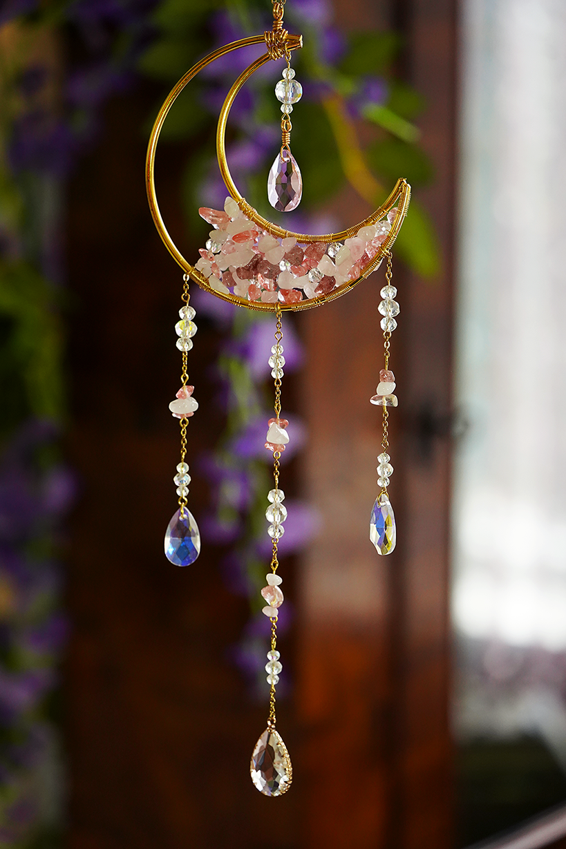 Crystal Crescent Suncatcher - Rose & Strawberry Quartz