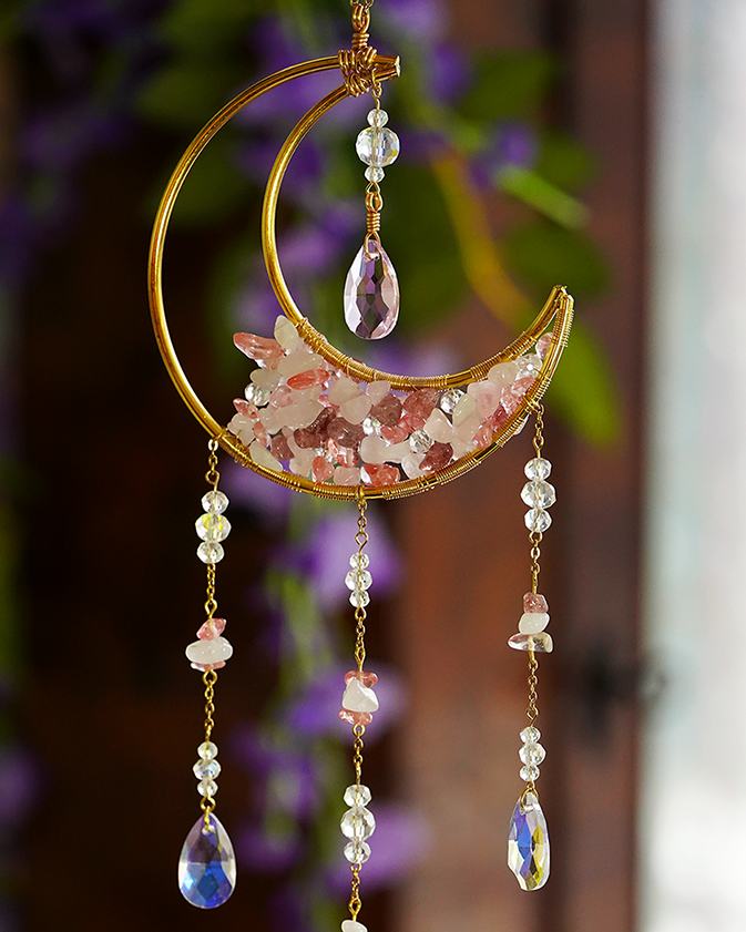 Crystal Crescent Suncatcher - Rose & Strawberry Quartz