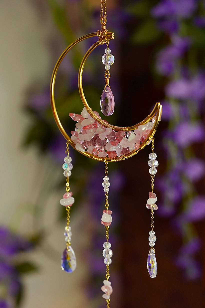 Crystal Crescent Suncatcher - Rose & Strawberry Quartz