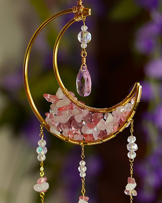 Crystal Crescent Suncatcher - Rose & Strawberry Quartz