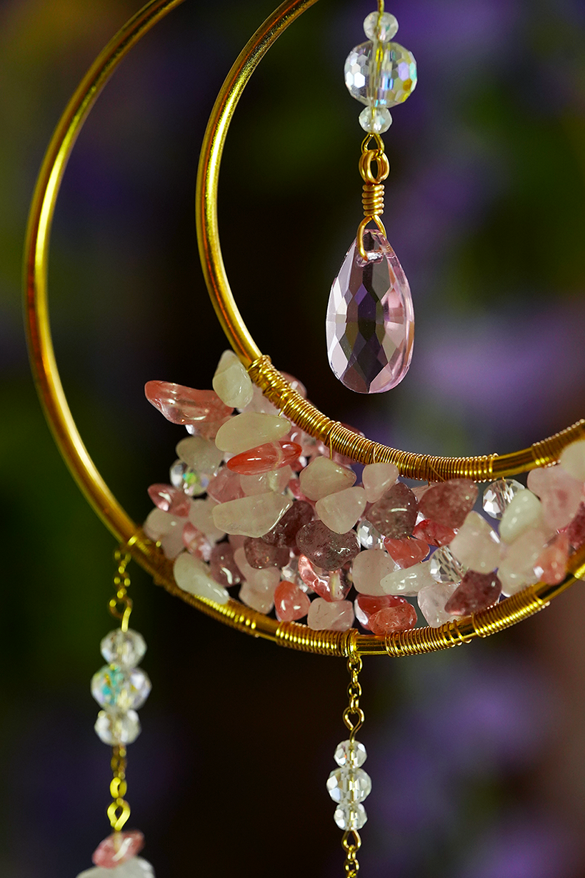 Crystal Crescent Suncatcher - Rose & Strawberry Quartz