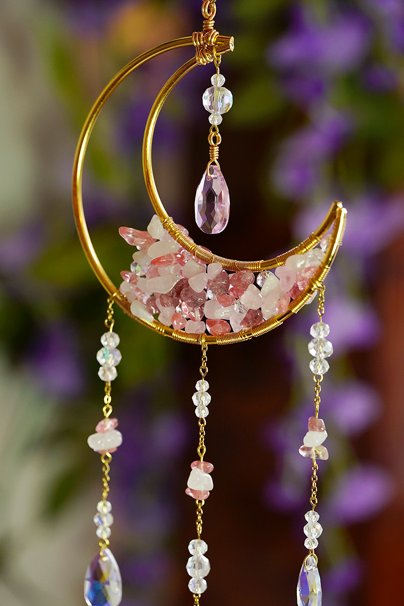Crystal Crescent Suncatcher - Rose & Strawberry Quartz