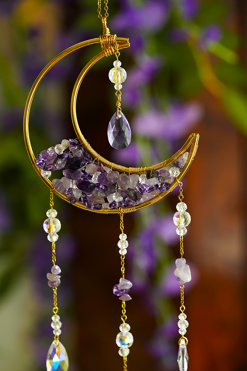 Crystal Crescent Suncatcher - Amethyst & Fluorite