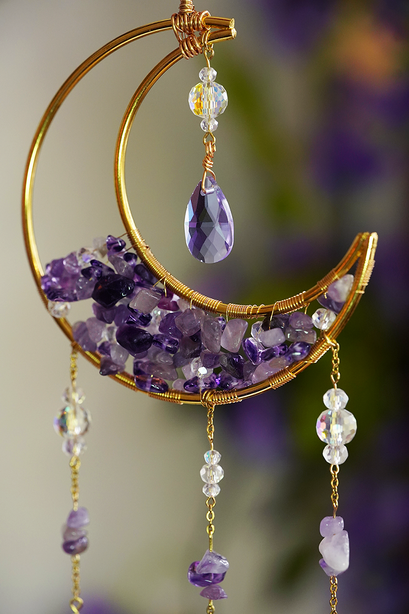 Crystal Crescent Suncatcher - Amethyst & Fluorite