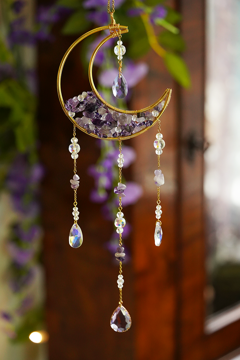 Crystal Crescent Suncatcher - Amethyst & Fluorite