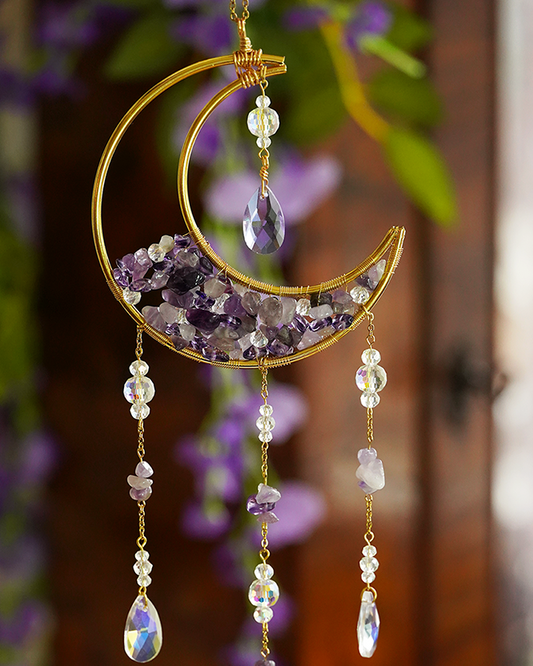 Crystal Crescent Suncatcher - Amethyst & Fluorite